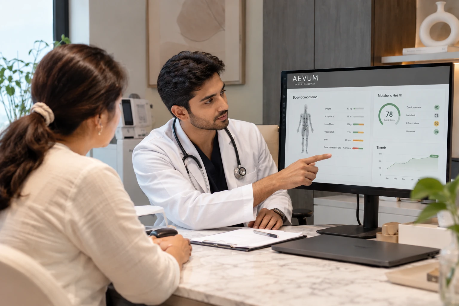 Doctor reviewing a client's body composition and metabolic health results on screen