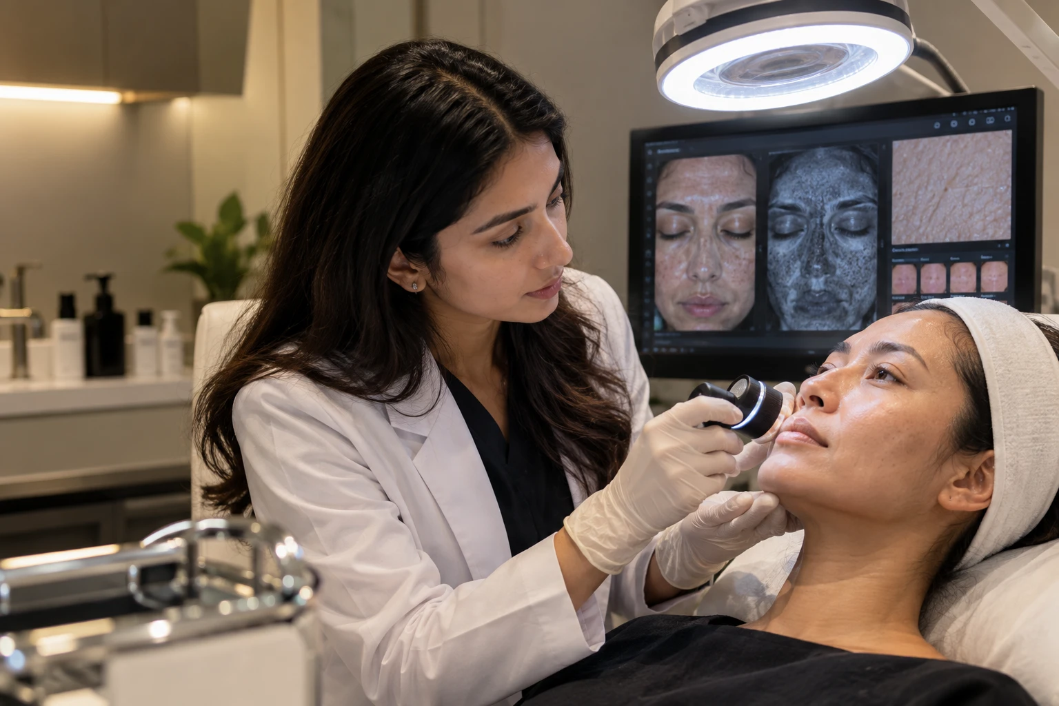 Clinician examining a client's skin with a dermatoscope beside facial imaging results
